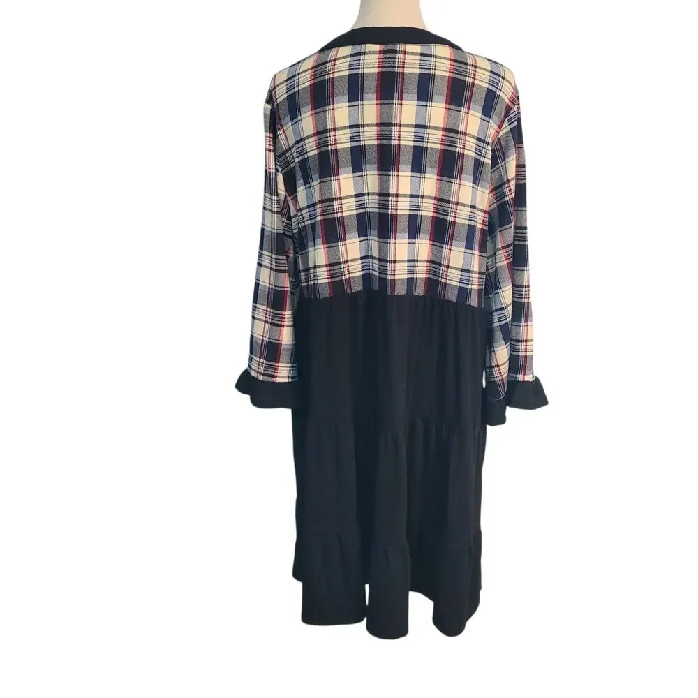 Suzanne Betro Dress XL Empire Waist Plaid Tiered Boho Mod Preppy Dark Academia - Picture 3 of 9